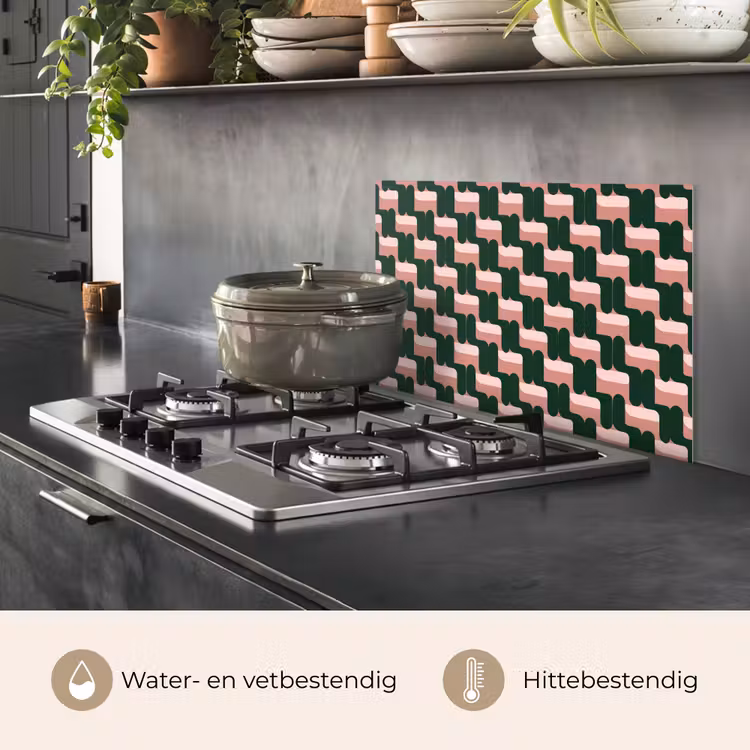Spatscherm keuken - Vlechtpatroon - Groen - Roze - Geometrisch — 2