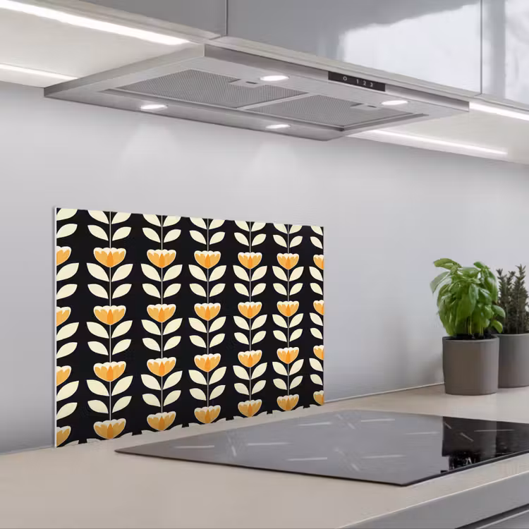 Spatscherm keuken - Retro - Bloem - Zwart - Okergeel — 1