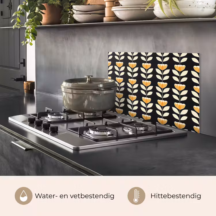 Spatscherm keuken - Retro - Bloem - Zwart - Okergeel — 2