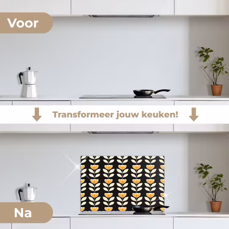Spatscherm keuken - Retro - Bloem - Zwart - Okergeel — 7