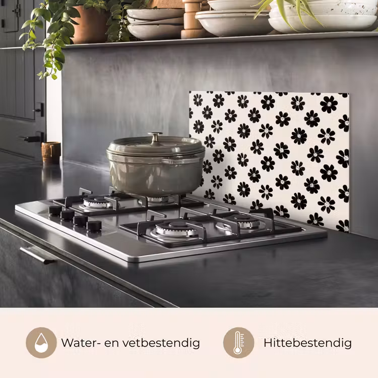 Spatscherm keuken - Grafisch - Madeliefjes - Zwart - Beige — 2