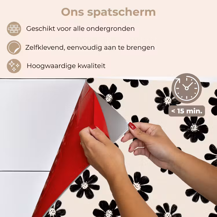 Spatscherm keuken - Grafisch - Madeliefjes - Zwart - Beige — 4