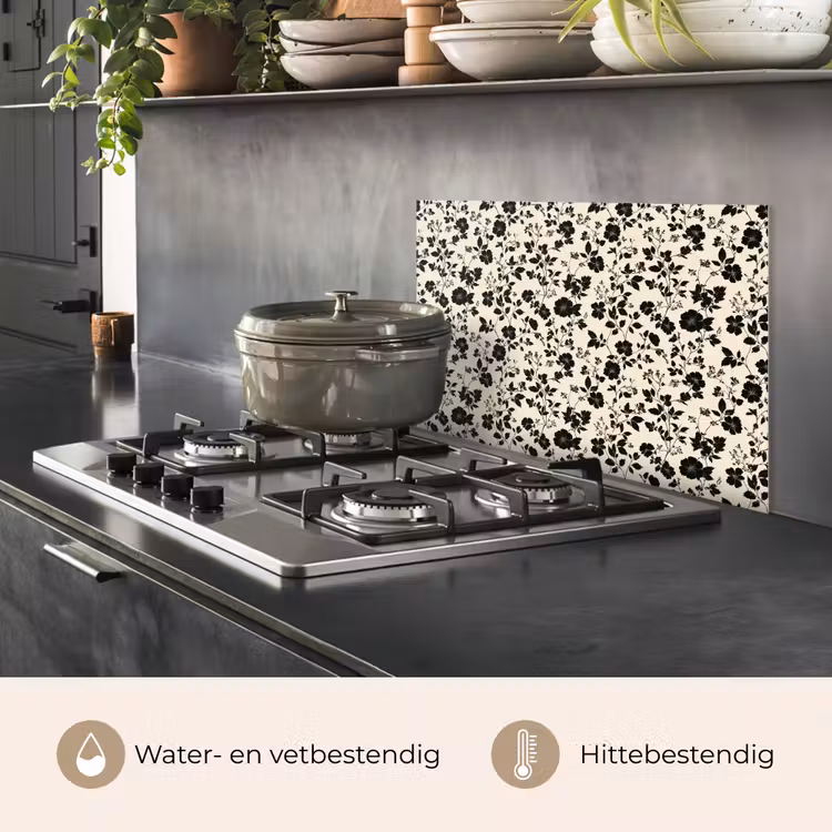 Spatscherm keuken - Bloemen - Dessin - Zwart — 2