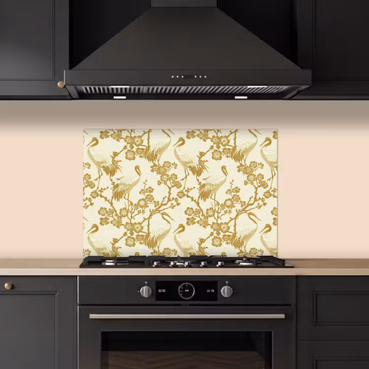Spatscherm keuken - Kraanvogels - Kersenbloesem - Goud — 5