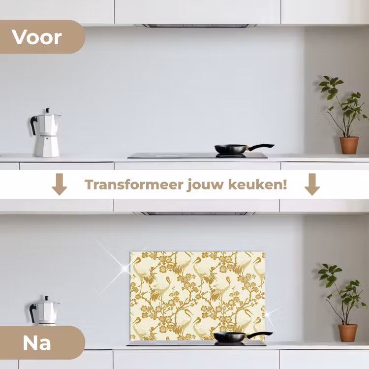 Spatscherm keuken - Kraanvogels - Kersenbloesem - Goud — 7