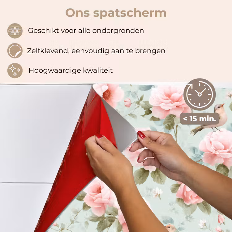 Spatscherm keuken - Rozen - Vogels - Pastel - Kleurrijk — 4