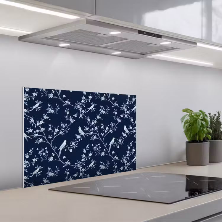 Spatscherm keuken - Grafisch - Bloesemtak - Blauw — 1