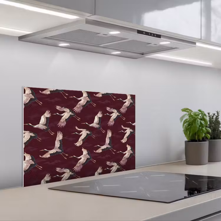 Spatscherm keuken - Kraanvogels - Klassiek - Bordeaux — 1