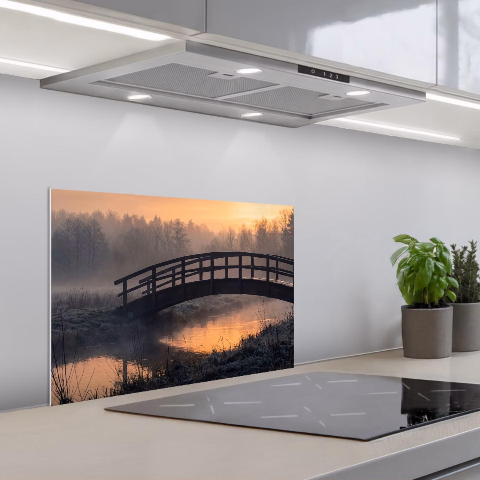 Spatscherm keuken - Brug - Mist - Bomen - Water — 1