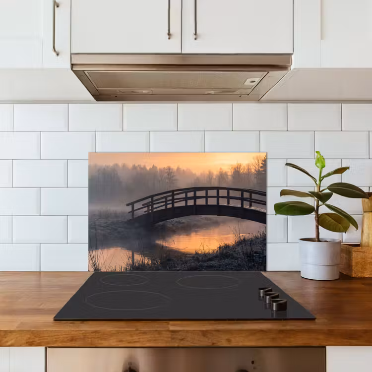 Spatscherm keuken - Brug - Mist - Bomen - Water — 3