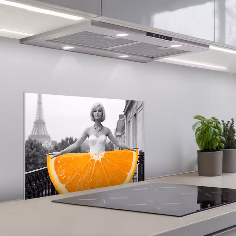 Spatscherm keuken - Sinaasappel - Eiffeltoren - Vrouw — 1