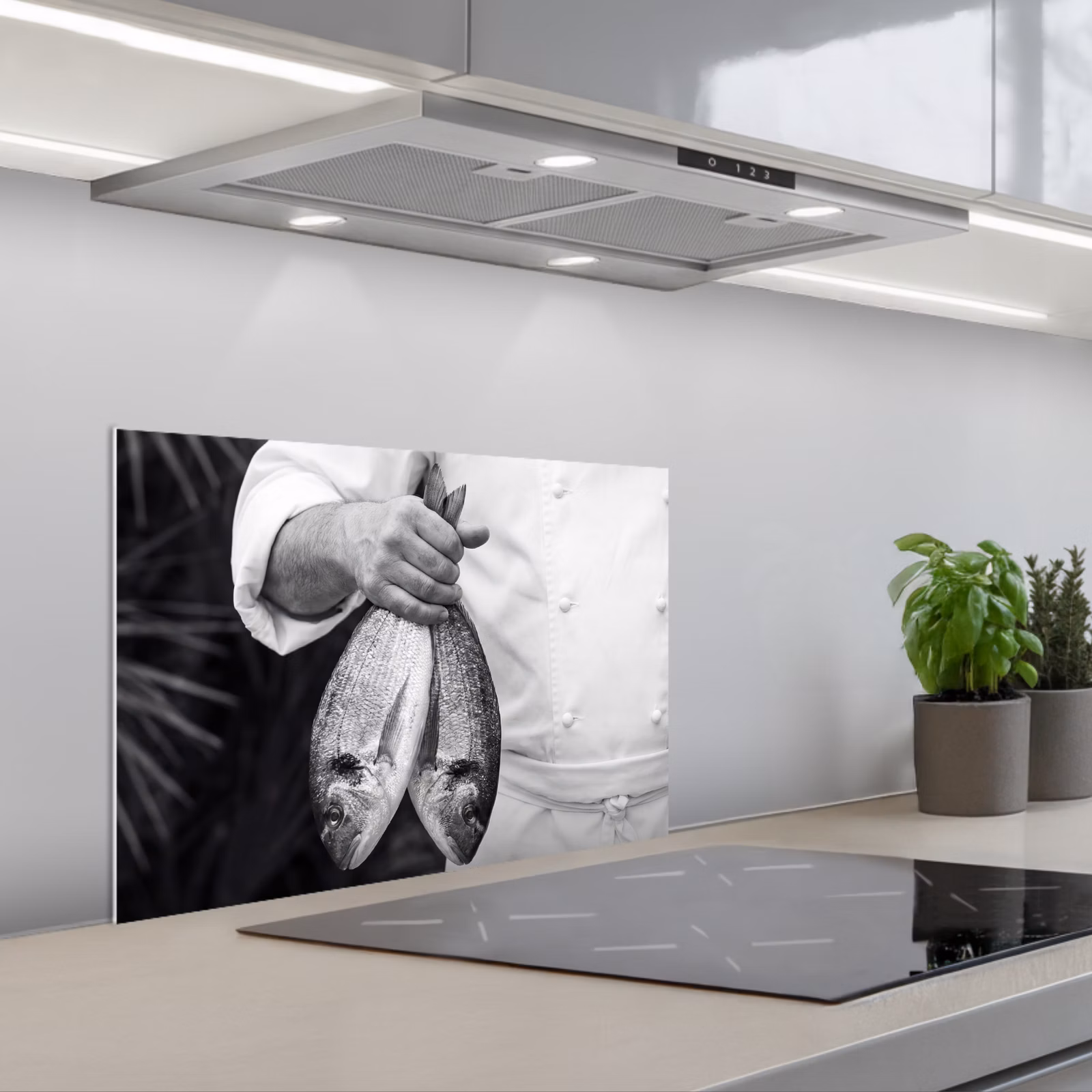 Spatscherm keuken - Vissen - Chef - Zwart - Wit — 1