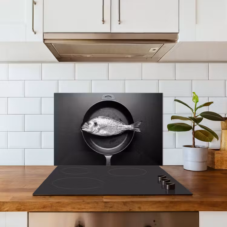 Spatscherm keuken - Pan - Vis - Zwart - Wit — 3