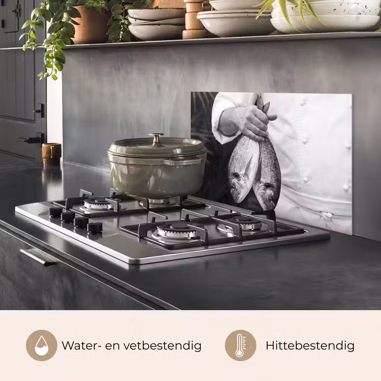 Spatscherm keuken - Vissen - Chef - Zwart - Wit — 2