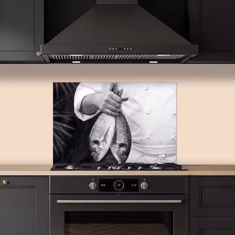 Spatscherm keuken - Vissen - Chef - Zwart - Wit — 5