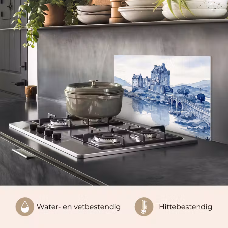 Spatscherm keuken - Schots - Kasteel - Blauw - Aquarel — 2