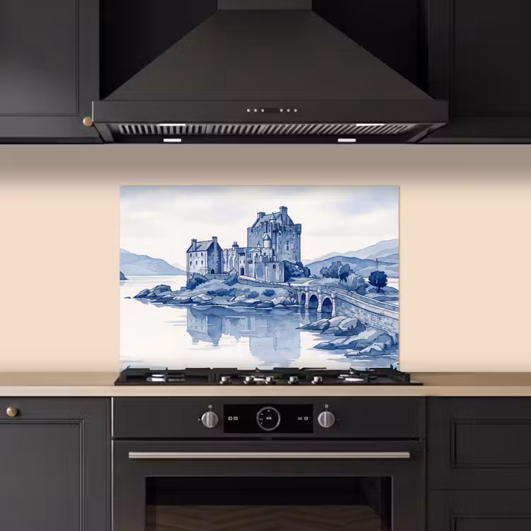 Spatscherm keuken - Schots - Kasteel - Blauw - Aquarel — 5