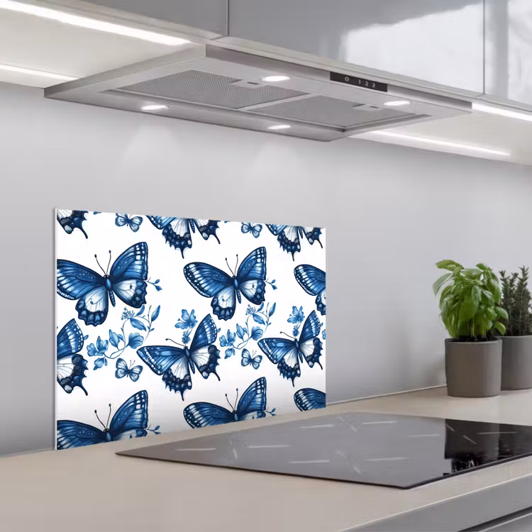 Spatscherm keuken - Blauw - Vlinders - Bloemen - Wit — 1