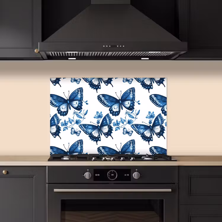Spatscherm keuken - Blauw - Vlinders - Bloemen - Wit — 5