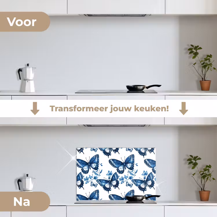 Spatscherm keuken - Blauw - Vlinders - Bloemen - Wit — 7