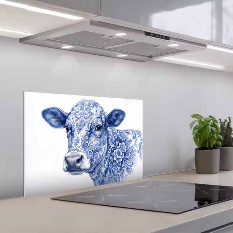 Spatscherm keuken - Illustratie - Koe - Blauw — 1