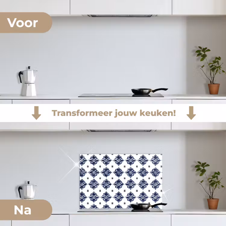 Spatscherm keuken - Tegelmotief - Blauw - Wit - Bloem — 7