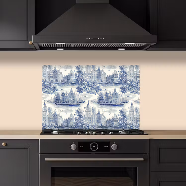 Spatscherm keuken - Huizen - Bomen - Water - Vogels - Blauw — 5