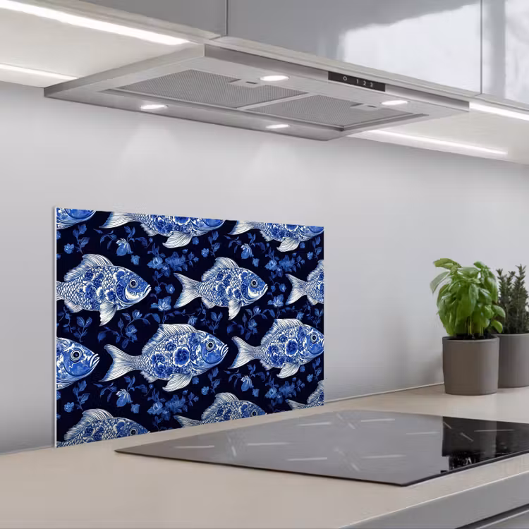 Spatscherm keuken - Vissen - Bloemen - Blauw — 1