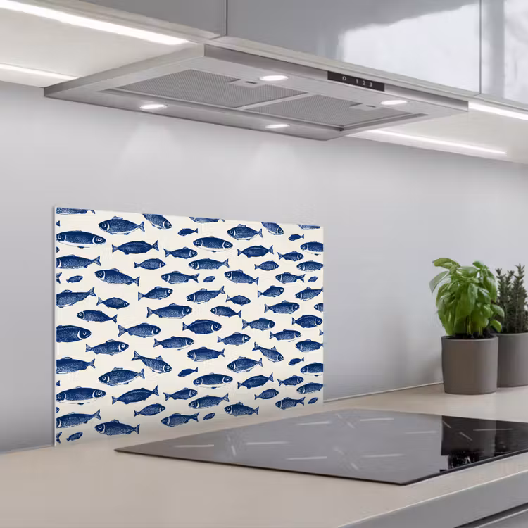 Spatscherm keuken - Vissen - Patroon - Blauw - Wit — 1