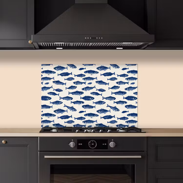 Spatscherm keuken - Vissen - Patroon - Blauw - Wit — 5