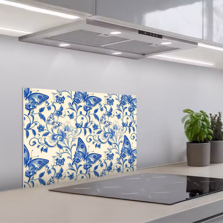 Spatscherm keuken - Vlinders - Bloemen - Blauw - Botanisch — 1