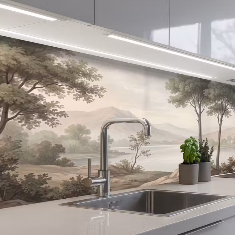 Keuken achterwand - Bomen - Meer - Bergen - Illustratie — 2