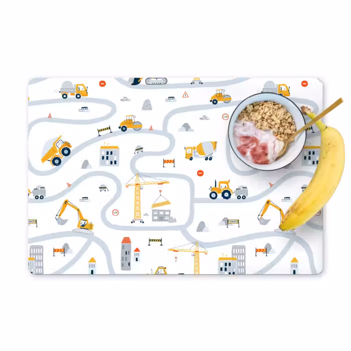 Placemat vinyl - Kinderen - Bouwplaats - Hijskraan - Tractor - Patronen