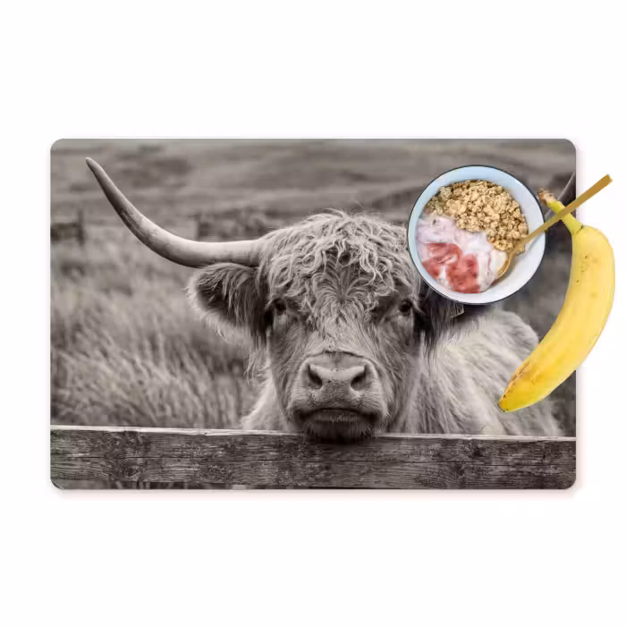 Placemat - 6 stuks - Schotse hooglander - Zwart - Wit - Hout