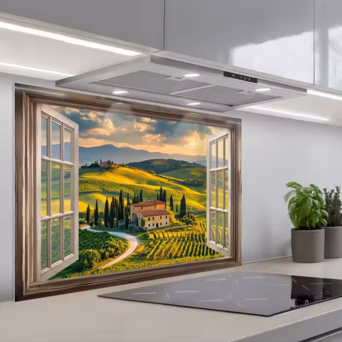 Spatscherm keuken - Doorkijk - Toscane - Uitzicht - Landschap - Zomer