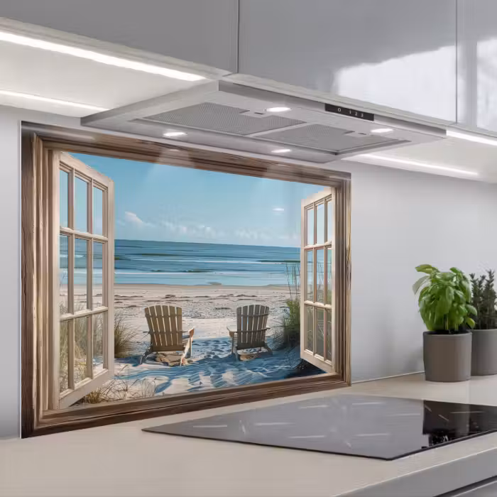 Spatscherm keuken - Doorkijk - Strandstoelen - Duinen - Zee - Natuur