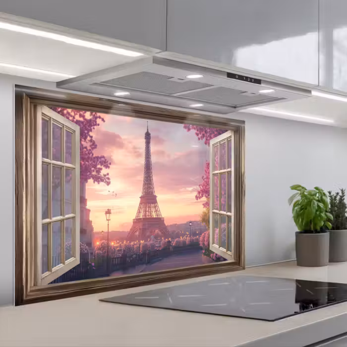 Spatscherm keuken - Doorkijk - Parijs - Eiffeltoren - Roze - Kersenbloesem