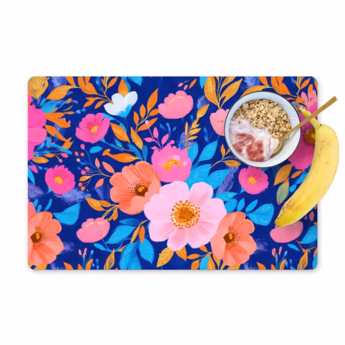 Placemat vinyl - Bloemen - Blauw - Roze
