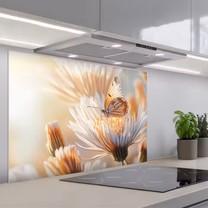 Spatscherm keuken - Vlinder - Bloem - Oranje
