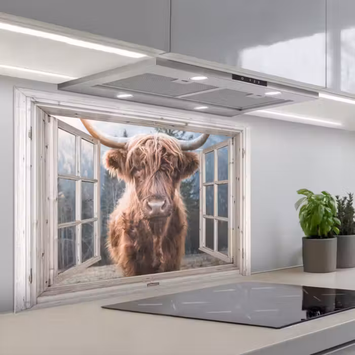 Spatscherm keuken - Schotse hooglander - Koe - Berg - Doorkijk