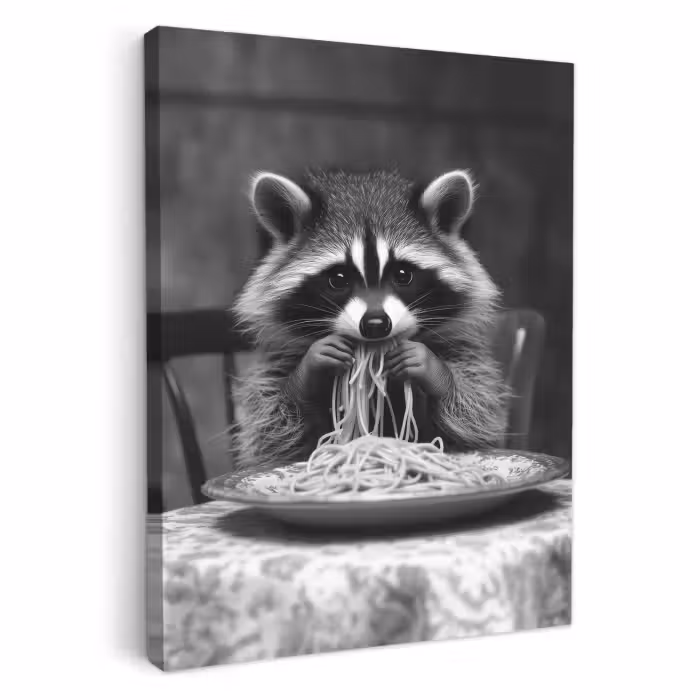 Canvas schilderij - Wasbeer - Cute - Pasta - Tafelkleed - Zwart - Wit