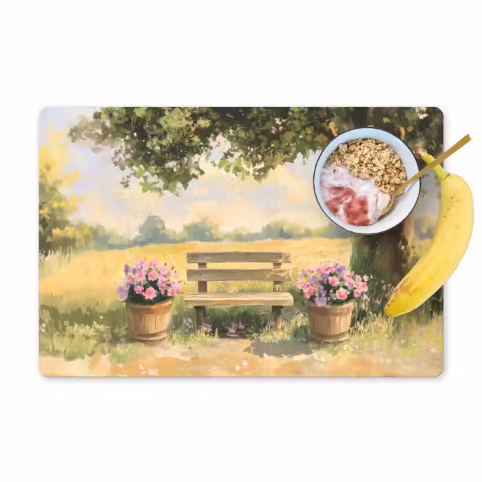 Placemat vinyl - Houten bankje - Bloempotten - Landschap