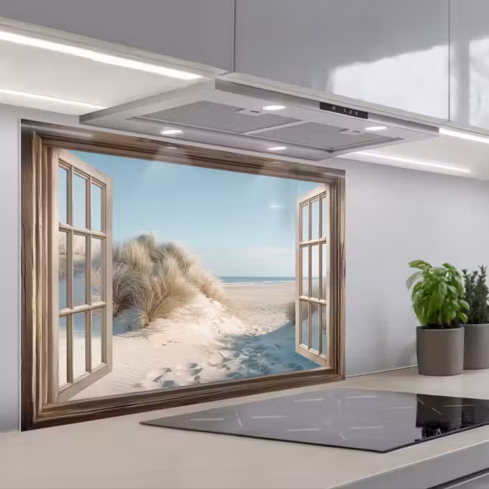 Spatscherm keuken - Doorkijk - Helmgras - Duinen - Zee - Landschap
