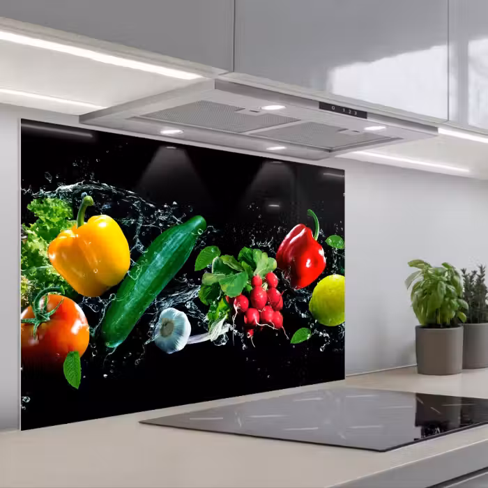 Spatscherm keuken - Groente - Splash - Zwart