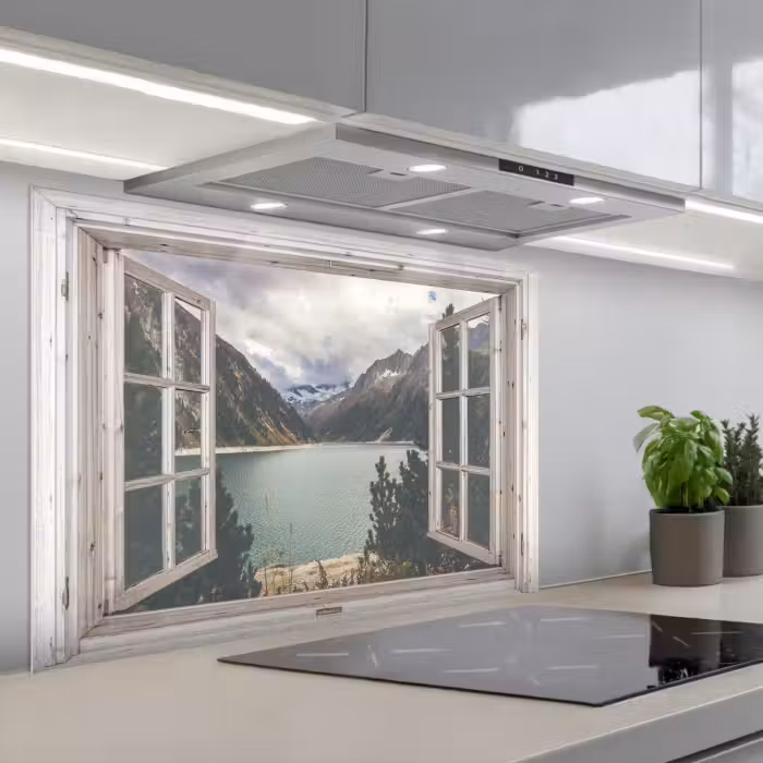 Spatscherm keuken - Doorkijk - Water - Berg