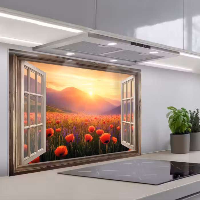 Spatscherm keuken - Doorkijk - Klaprozen - Bloemen - Rood - Open raam