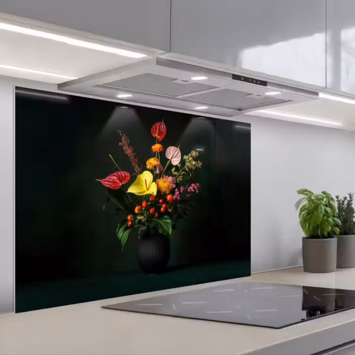 Spatscherm keuken - Bloemen - Vaas - Zwart