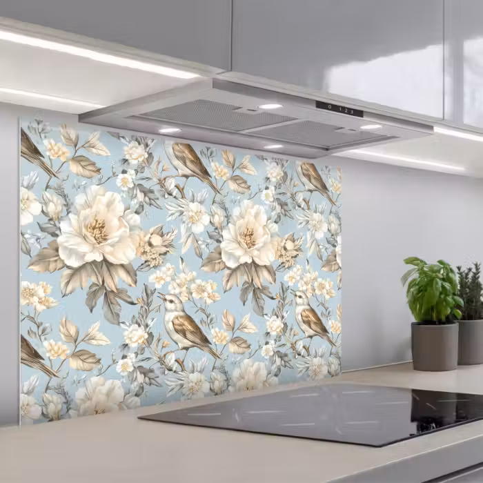 Spatscherm keuken - Botanisch - Zangvogel - Blauw