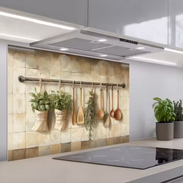 Spatscherm keuken - Hout - Keukengerei - Stilleven - Tegels