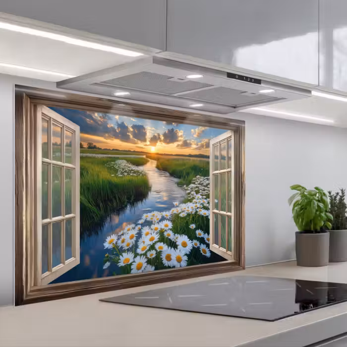 Spatscherm keuken - Doorkijk - Landschap - Raam - Water - Zonsondergang